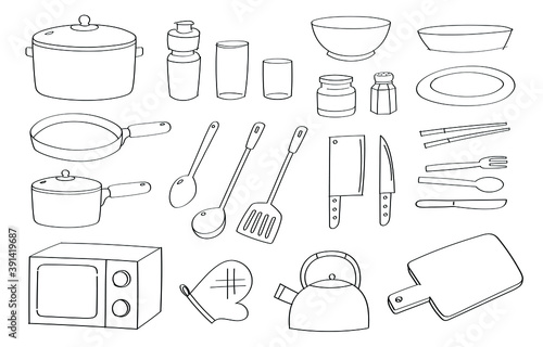 Cute doodle kitchenware cartoon icons and objects. kitchen appliances.