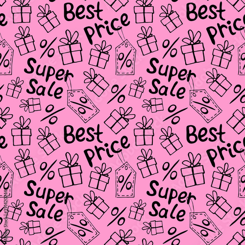 Vector seamless pattern with inscriptions and symbols Sale. Hand drawn background and texture on theme of Black Friday, best price, discounts, shopping and special offers