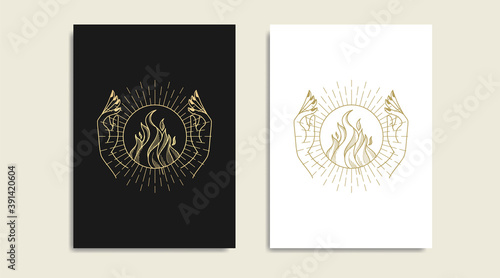 Fire and hand gold logo, spiritual guidance tarot reader Colorful design. illustration and tatoo
