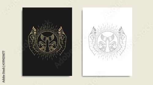 Whale tail, Wave and hand gold logo, spiritual guidance tarot reader Colorful design. illustration.
