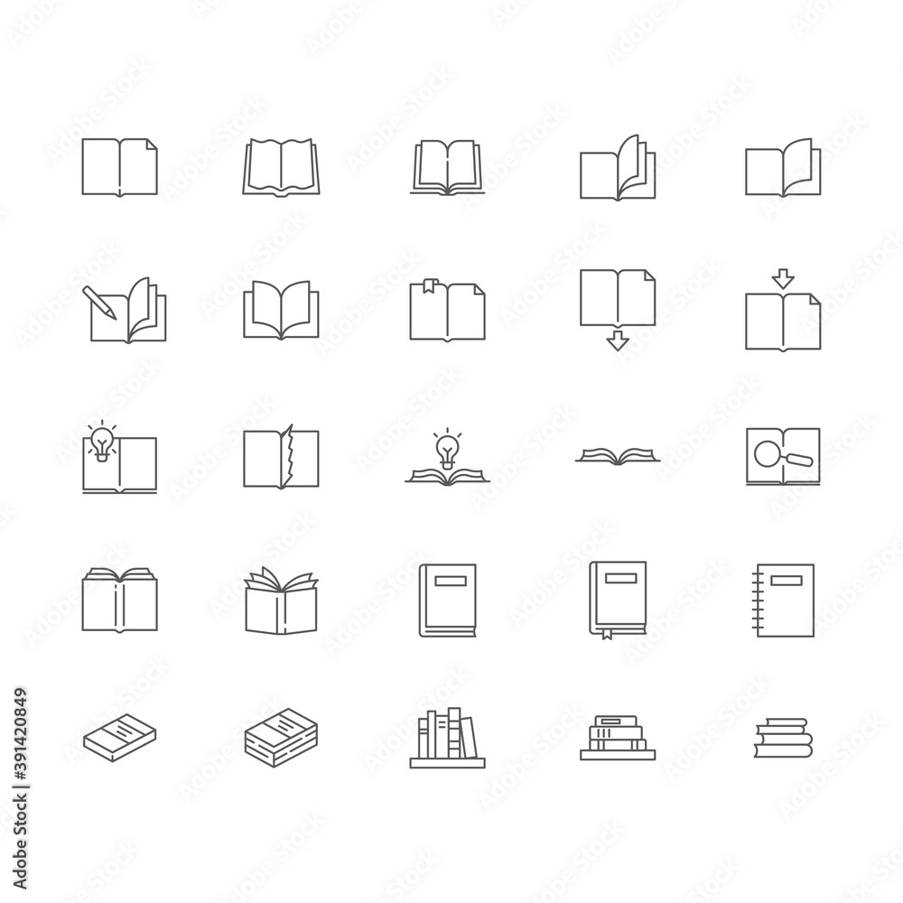 Books icons set. linear style symbols collection, outline signs pack. vector graphics. Set includes icons as open book page with bookmark, textbook, notebook, library, bookshelf, bookstore