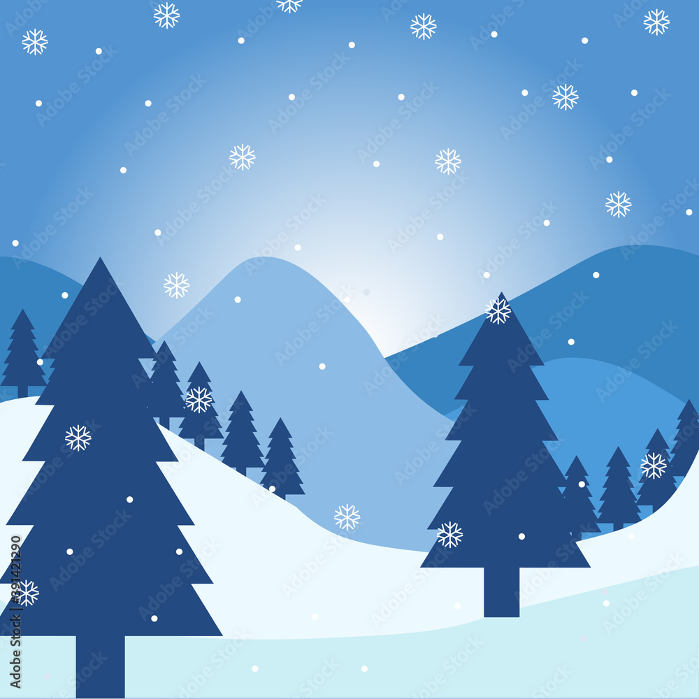 Naklejka premium Falling snow over winter landscape with monatas