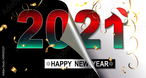 Christmas composition happy new year 2021, abstract ribbons and tinsel in gold color