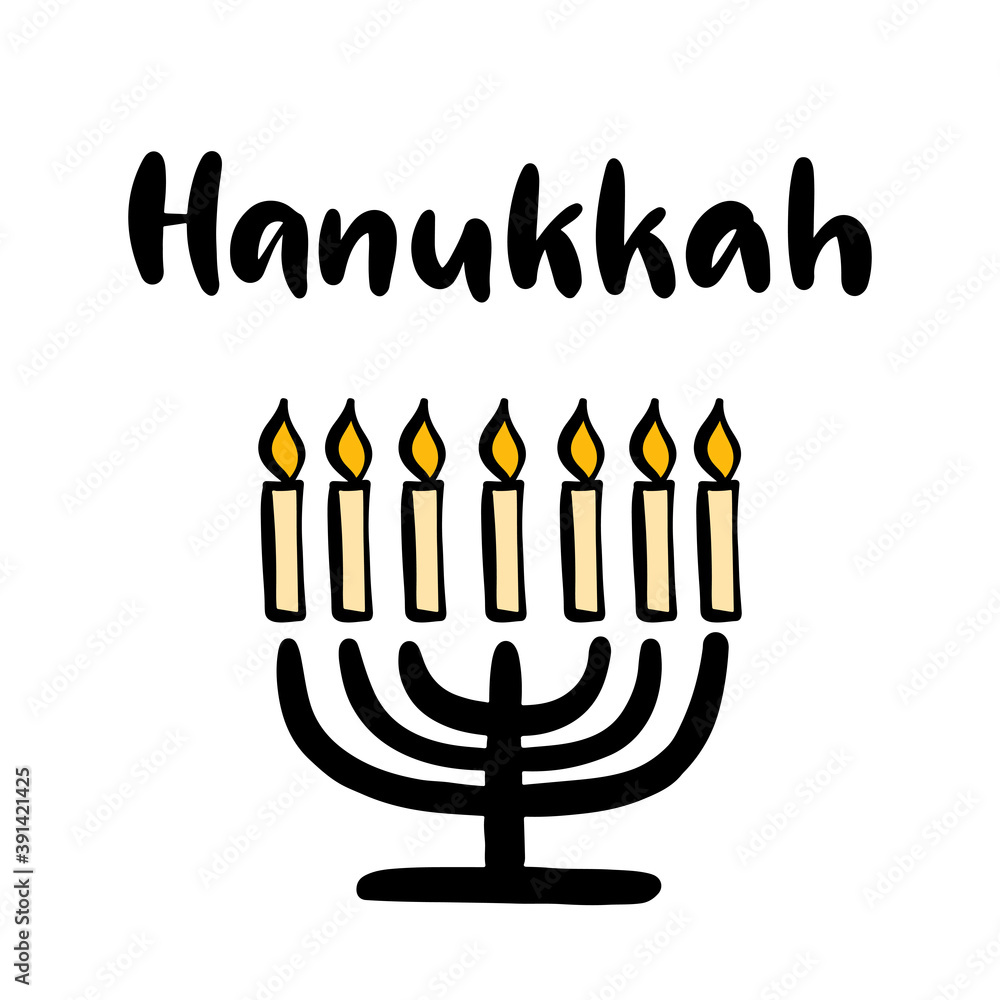 Obraz premium Happy Hanukkah calligraphic lettering vector illustration. The concept of celebration the traditional religious Jewish holiday. Menorah with candles.