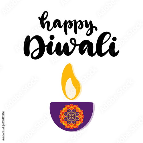 Happy Diwali calligraphic vector illustration. Celebration of the festival of a traditional holiday in India deepavali. Lettering with mandala and candle for greeting card, poster.