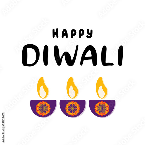Happy Diwali calligraphic vector illustration. Celebration of the festival of a traditional holiday in India deepavali. Lettering with mandala and candle for greeting card, poster.
