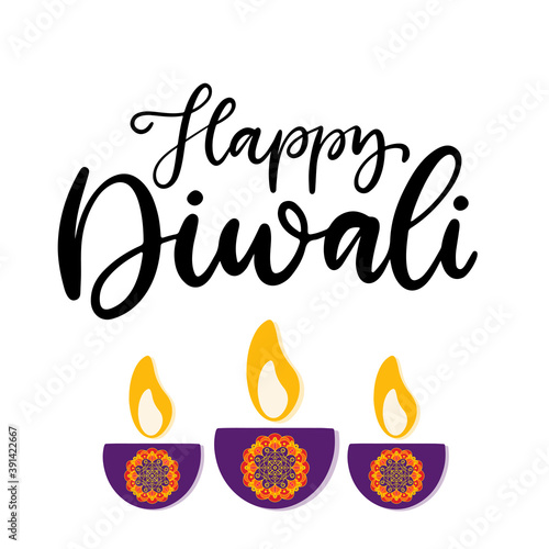 Happy Diwali calligraphic vector illustration. Celebration of the festival of a traditional holiday in India deepavali. Lettering with mandala and candle for greeting card, poster.