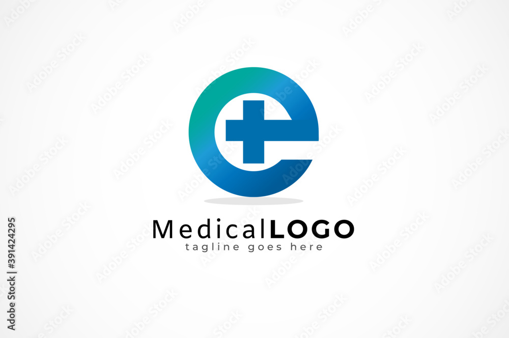 Letter E Medical Logo, letter E with Cross icon inside, isolated on white background, flat design logo template element, vector illustration Letter E Medical Logo, letter E with Cross icon inside, isolated on white background, flat design logo template element, vector illustration