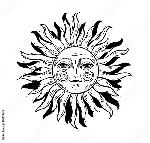 Vintage style illustration, sun with a face, stylized drawing, engraving. Mystical element for design in boho style, logo, tattoo. Vector illustration isolated on white