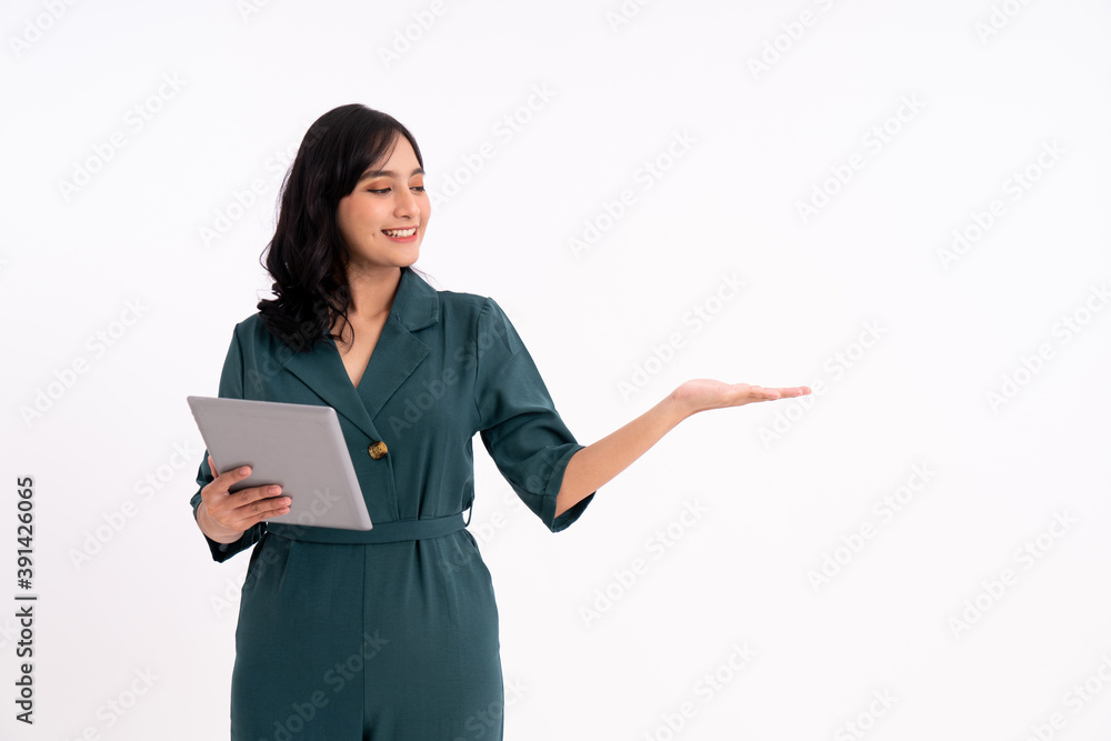 Happy business woman portrait. Showing copy space