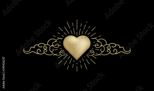 Golden Heart with cloud, Shiny Magic golden heart logo, spiritual guidance tarot reader design. decorative illustration tattoo eps 10