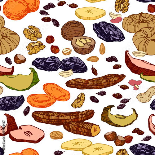 Seamless pattern of dried fruits & nuts, bananas, figs, prunes, raisins, for menu & culinary recipes decoration, color vector illustration isolated on a white background. Hand drawn design.