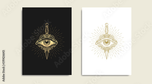 Knife with All seeing eye, symbol of the Masons, eye and  gold logo, spiritual guidance tarot reader design. engraving, decorative illustration tattoo