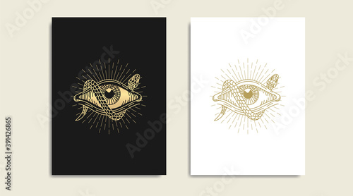 Snake with All seeing eye, symbol of the Masons, eye and  gold logo, spiritual guidance tarot reader design. engraving, decorative illustration tattoo