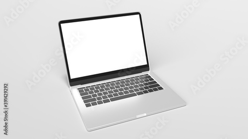 Laptop with blank screen isolated on grey background, aluminum body 3d rendering.