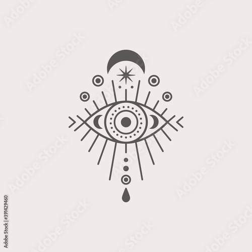 Mystical Eye and Moon Icon in a Trending Minimal Linear Style. Vector Isoteric Illustration for t-shirt Prints, Boho Posters, Covers, Card, Logo Designs and Tattoos.