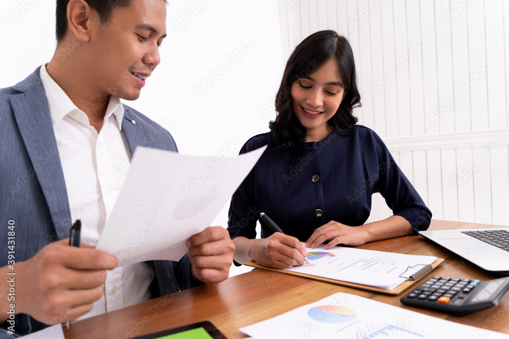 portrait of business partner calculating her business profits and working on a laptop. On modern office desk portrait of business partner calculating her business profits and working on a laptop. On modern office desk