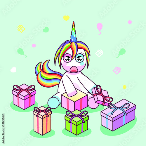 Fabulous Abstract Color Cute Unicorn With Gifts Horn Shadow Vector Design Card Style