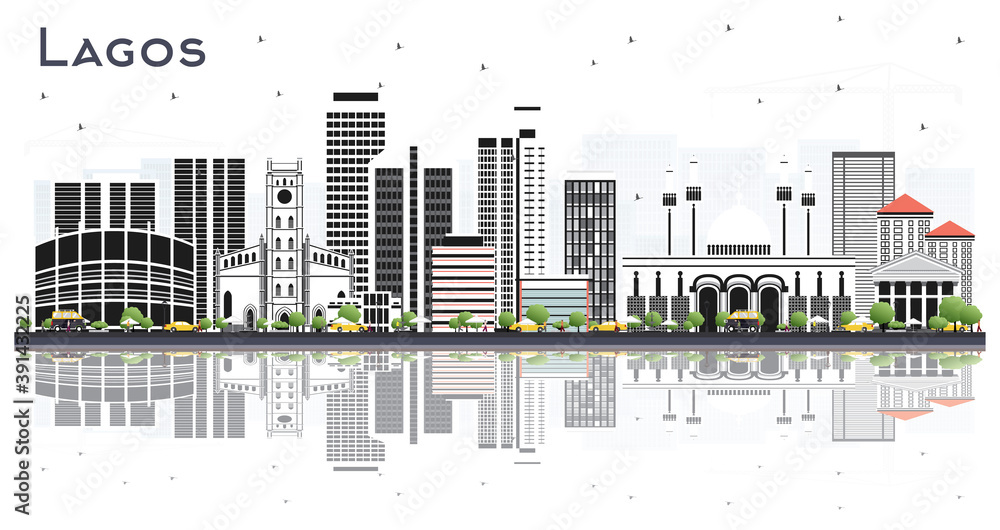 Lagos Nigeria City Skyline with Color Buildings and Reflections Isolated on White.