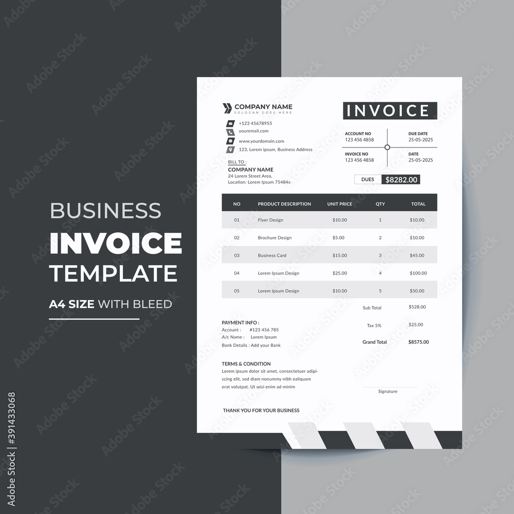  clean and minimal black and white business invoice template vector format