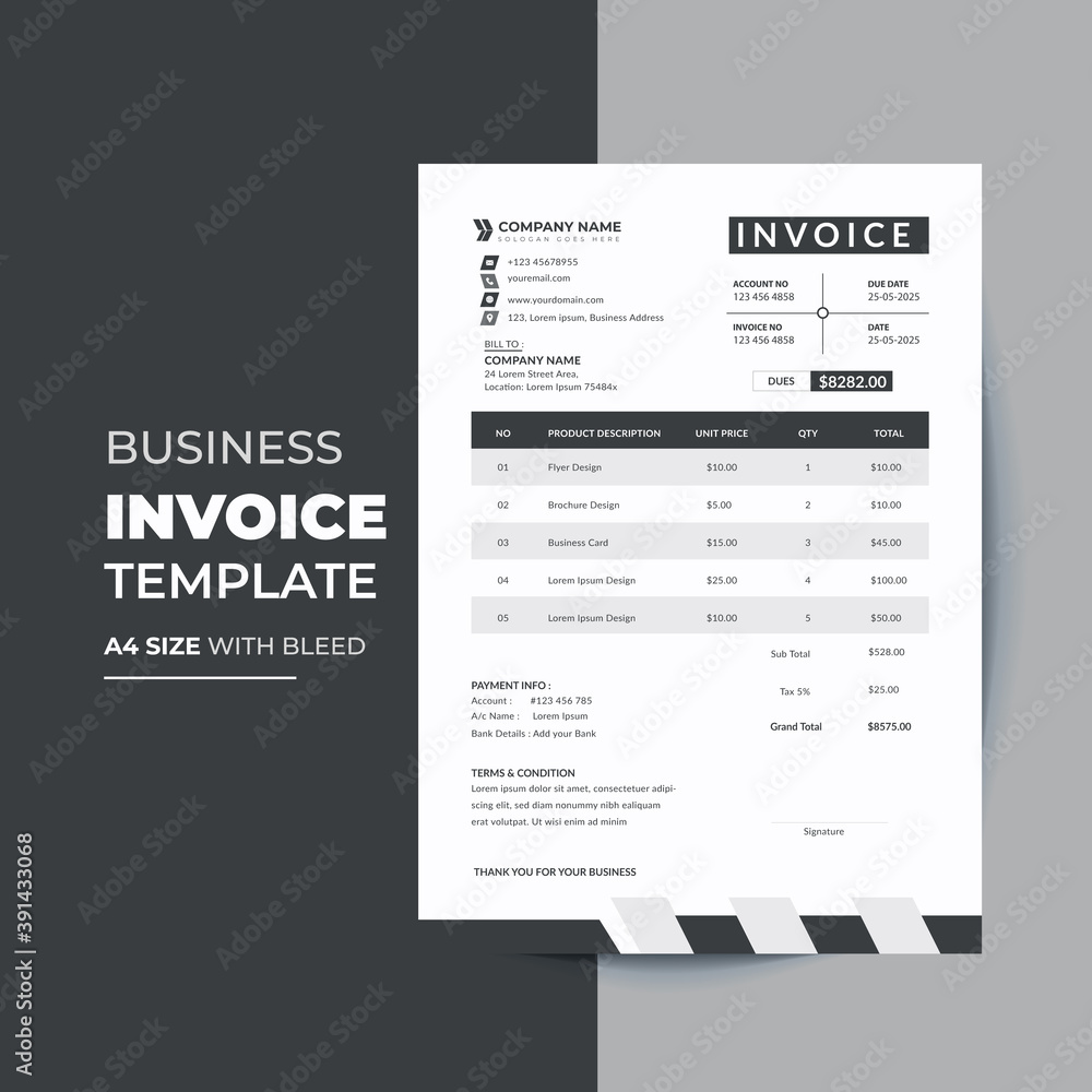 Naklejka premium clean and minimal black and white business invoice template vector format