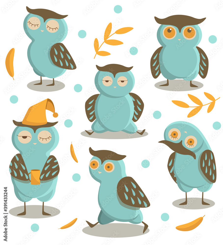 funny owls. set of birds in different positions. vector illustration in cartoon style funny owls. set of birds in different positions. vector illustration in cartoon style