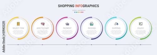 Concept of shopping process with 6 successive steps. Six colorful graphic elements. Timeline design for brochure, presentation, web site. Infographic design layout.