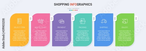 Concept of shopping process with 6 successive steps. Six colorful graphic elements. Timeline design for brochure, presentation, web site. Infographic design layout.