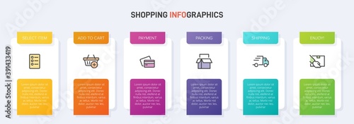 Concept of shopping process with 6 successive steps. Six colorful graphic elements. Timeline design for brochure, presentation, web site. Infographic design layout.