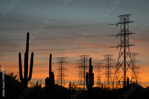 Arizona Sunrise with Sagauro Cactus and Power Transmission Lines