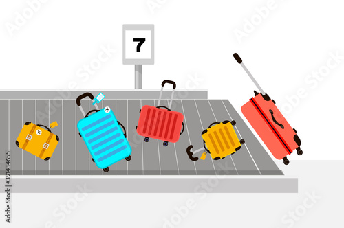 Suitcases on airport luggage conveyor belt. Travel bag. Summer time. Holidays. Vacation trip. Rest trip. Luggage band on the airport.