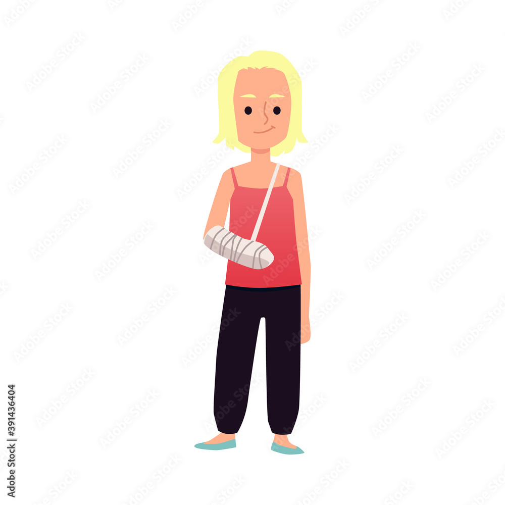 Child girl got fracture and standing with bandaged arm flat vector illustration. Child girl got fracture and standing with bandaged arm flat vector illustration.