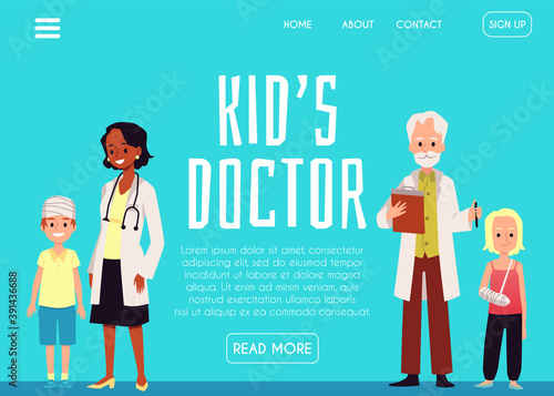 Kids doctors treatment patients with injuries and trauma a vector design for web