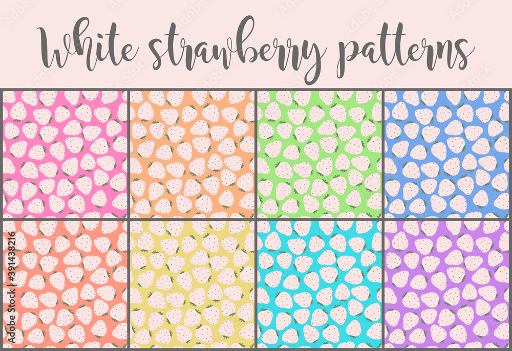 White strawberry patterns. Eight color options. Hand drawn pattern with ...