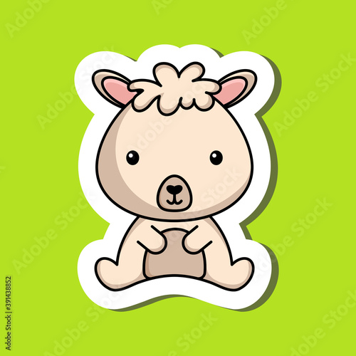 Cute cartoon sticker little alpaca logo template. Mascot animal character design of album, scrapbook, greeting card, invitation, flyer, sticker, card. Vector stock illustration.