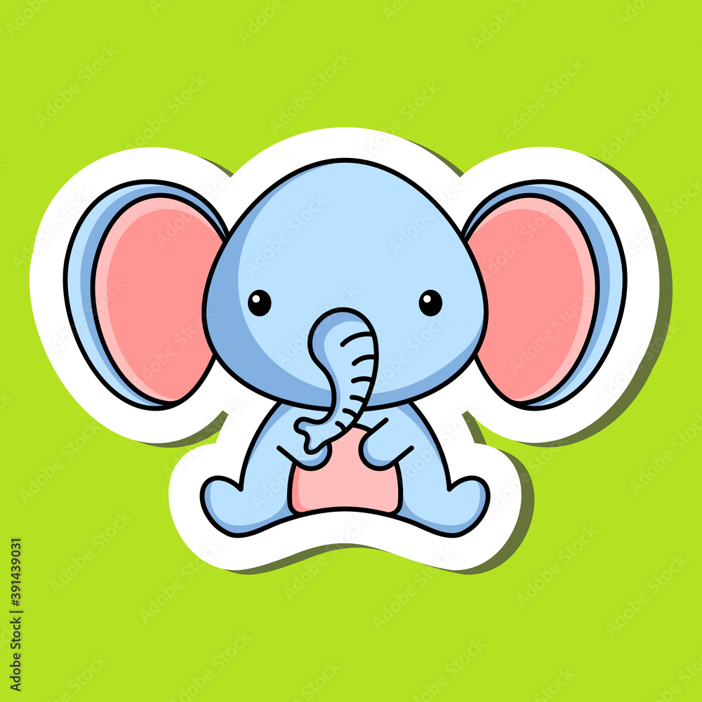 Fototapeta premium Cute cartoon sticker little elephant logo template. Mascot animal character design of album, scrapbook, greeting card, invitation, flyer, sticker, card. Vector stock illustration.