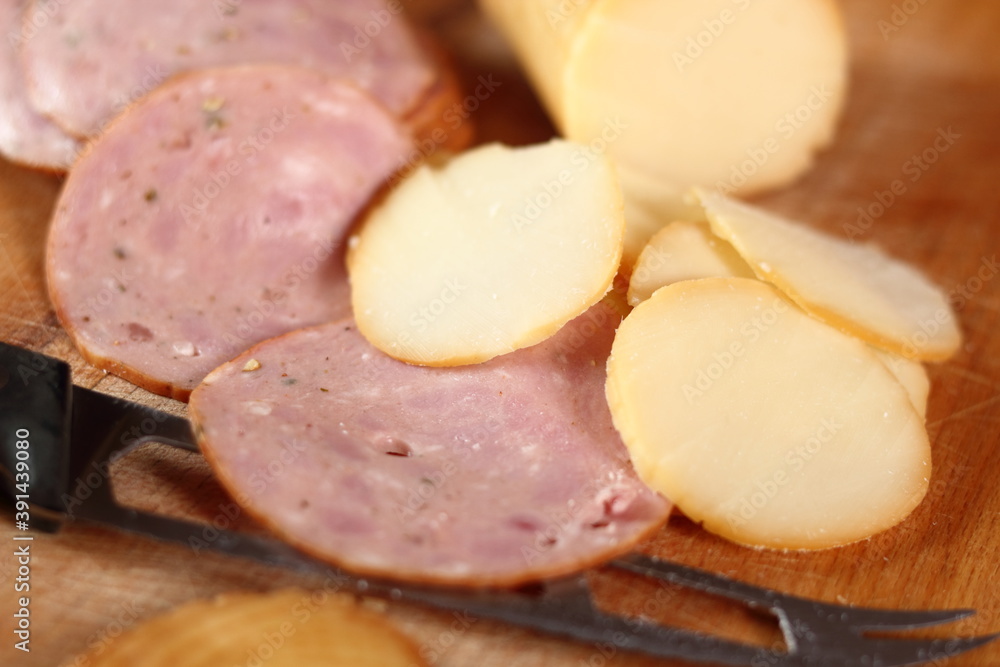 Smoked cheese and sausage slices Smoked cheese and sausage slices