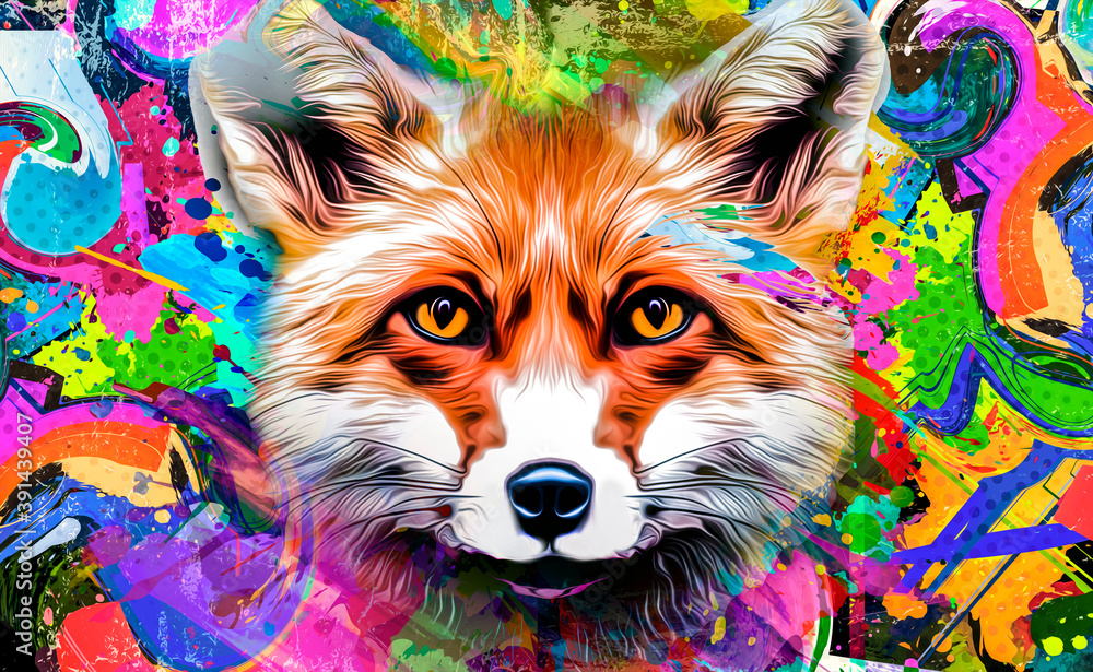 Fototapeta premium Fox's head illustration on background with colorful creative elements 