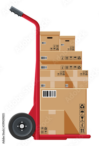 Barrow full of boxes isolated on white. Metallic wheeled trolley with cardboard box. Delivery service and logistics. Hand truck dolly icon. Transportation warehouse. Cartoon flat vector illustration