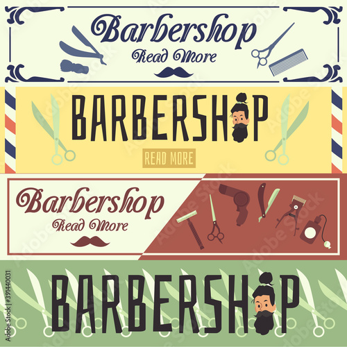 Set of barbershop advertising flyers or web banners flat vector illustration.