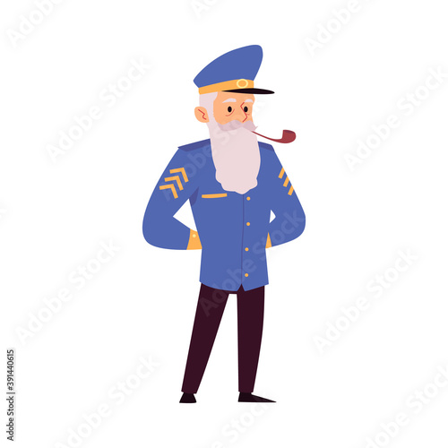 Old bearded captain in uniform smokes a pipe, flat vector illustration isolated.