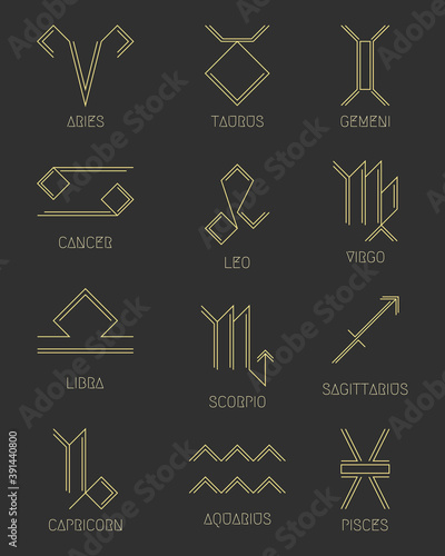 Zodiac signs concept, astrology, horoscope. Vector set of abstract geometric pictograms, linear yellow icons, on a dark gray background.