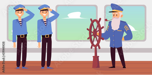 Old captain and young seamen on desk of sea ship flat vector illustration.