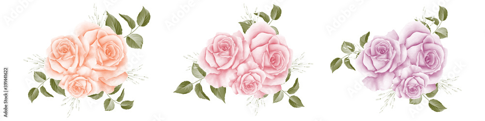  Beautiful rose bouquet watercolor set design element isolated on white background.
