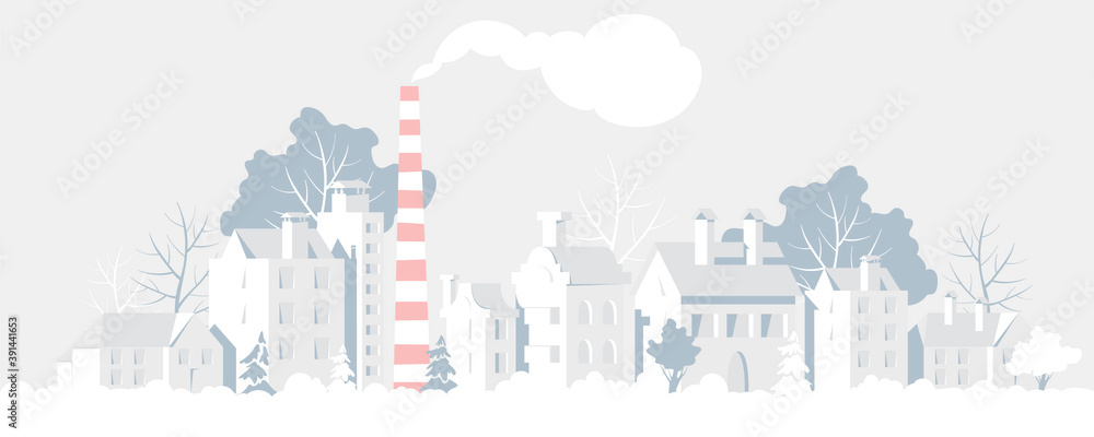 winter city landscape. vector illustration of a country town. urban panorama