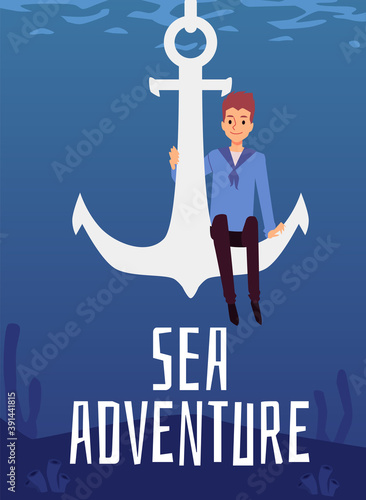 Sea adventure banner or poster with young sailor flat vector illustration.