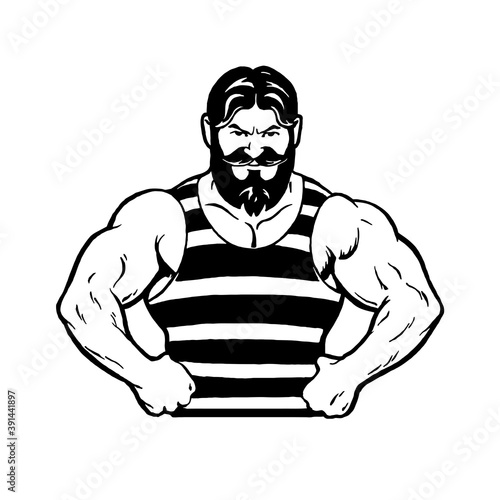 vintage strong bearded man torso in striped tee shirt, logo, cartoon, mascot, character
