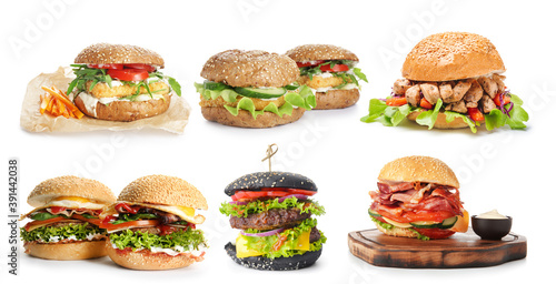 Collage of different tasty burgers on white background
