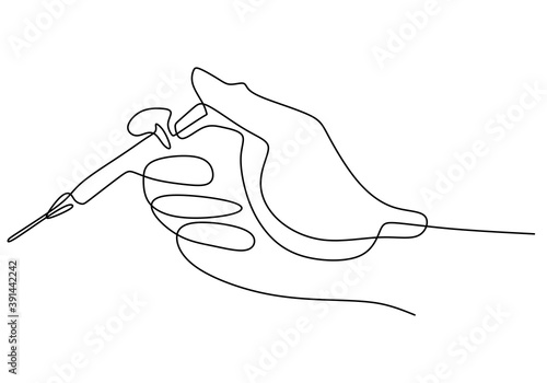 Continuous one line drawing of a hand with injection. Medical equipment or tools illustration hand drawn. A hand holding a needle for the corona vaccine test isolated on white background.