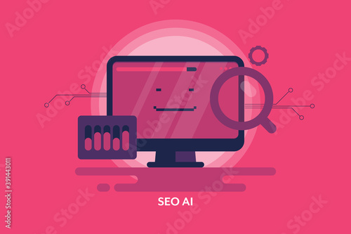 SEO AI - Artificial intelligence in search technology.  Web banner template. 